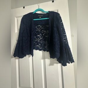 Jessica Howard Navy Lace Open-Front Shrug with bell sleeves